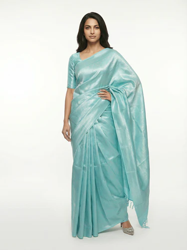 Traditional Peacock Blue Saree with Banarasi Border & Buttas